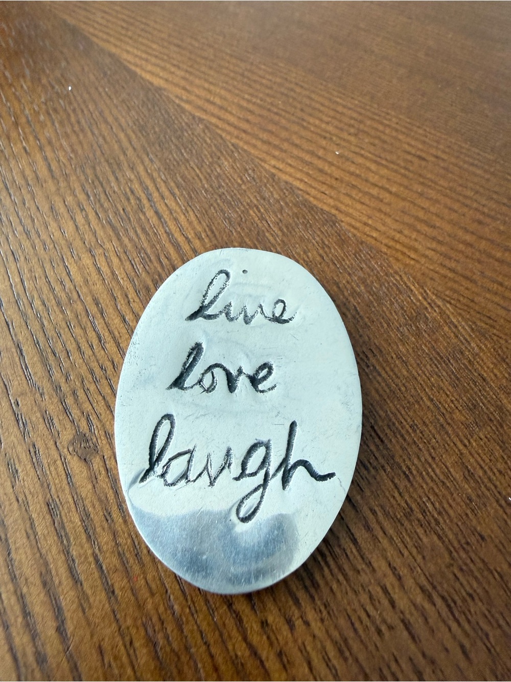 Live Love Laugh Oval paper weight in Silver